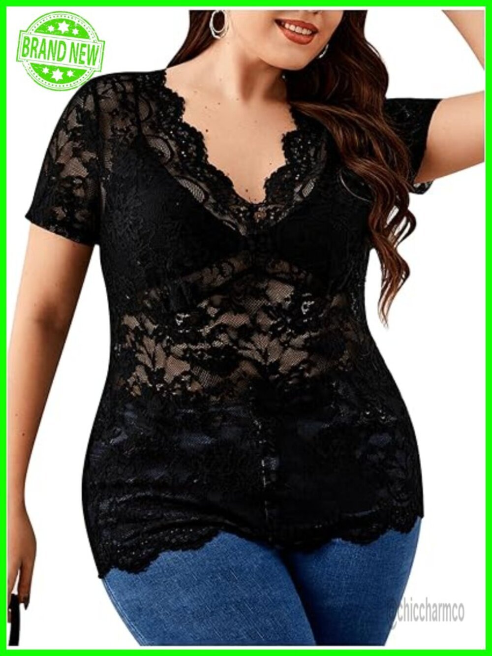 Plus Size Short Sleeve Floral Lace Mesh V Neck Blouse Tee Shirt